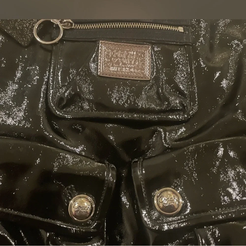 AUTH COACH POPPY GLOSSY CRINKLE PATENT LEATHER SATCHEL BAG PURSE 13869 BLACK - Picture 4 of 11